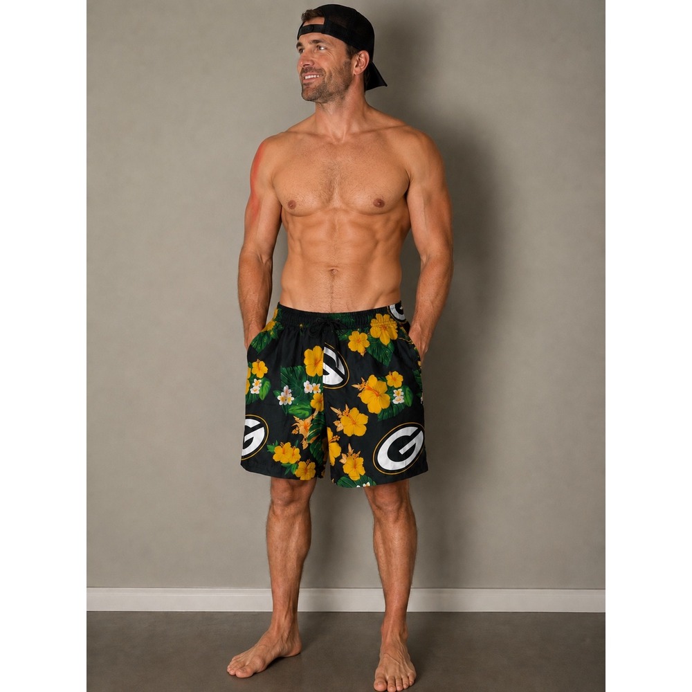 NFL Green Bay Packers‎ Floral Swim Trunks Hawaiian Board Shorts L